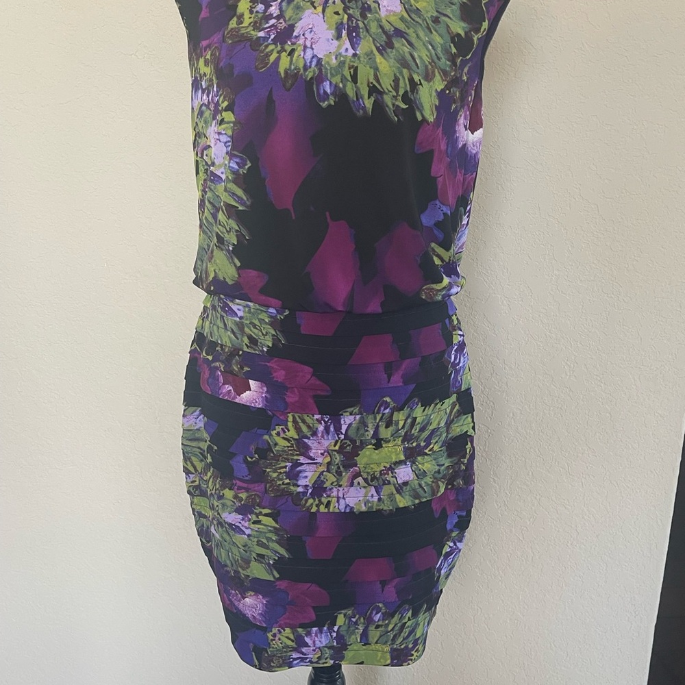 London Times Purple and Green Floral Mini Dress
